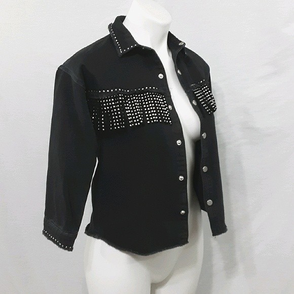 Zara Big Girl Fringed Western Cropped Black Denim Jacket US 8 - Picture 3 of 8